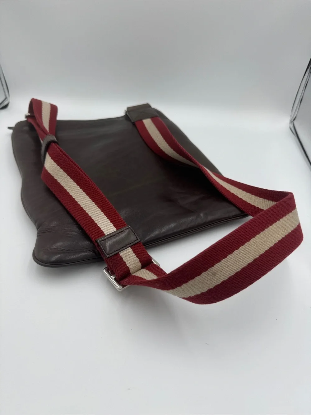 Bally Brown Smooth Leather Messenger with Red & Cream Striped Adjustable Strap